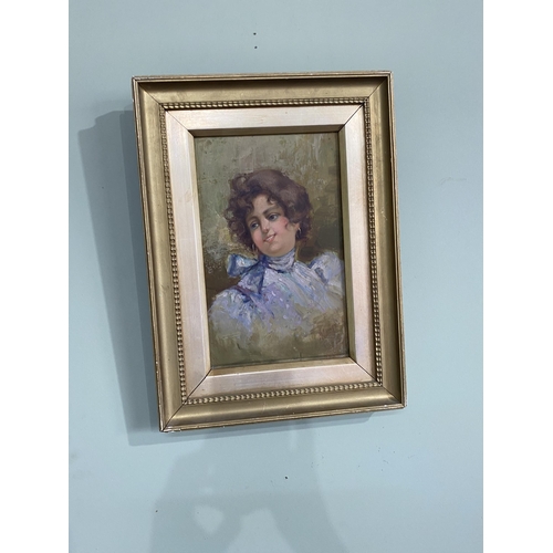 1338 - Edwardian Portrait oil on board mounted in gilt frame {39 cm H x 29 cm W }.