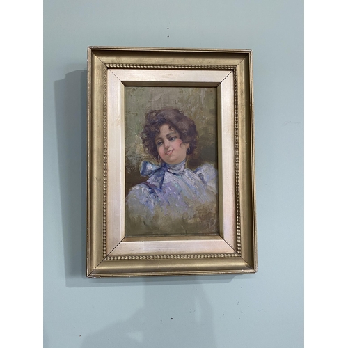 1338 - Edwardian Portrait oil on board mounted in gilt frame {39 cm H x 29 cm W }.