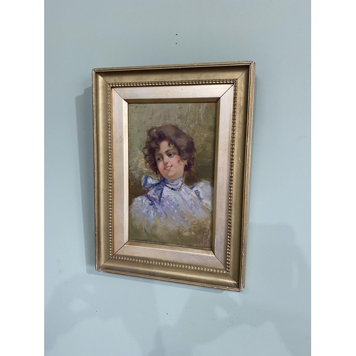 1338 - Edwardian Portrait oil on board mounted in gilt frame {39 cm H x 29 cm W }.