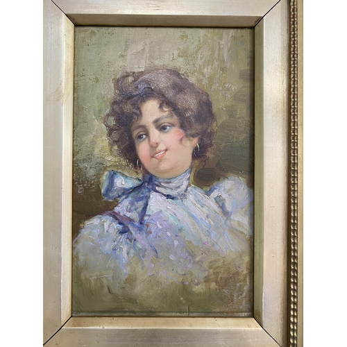 1338 - Edwardian Portrait oil on board mounted in gilt frame {39 cm H x 29 cm W }.