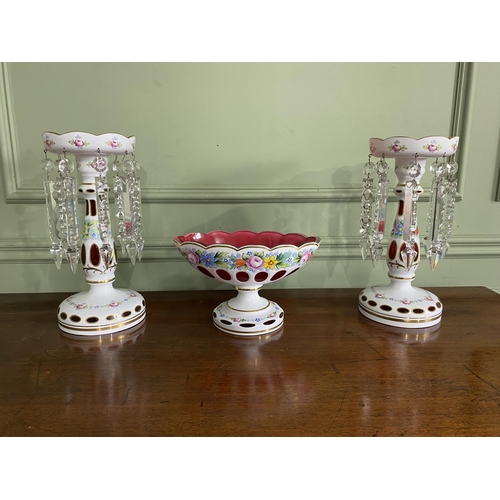 1345 - Pair of ceramic lustre candlesticks and matching ceramic centre piece {32 cm H x 16 cm Dia. AND 15 c... 