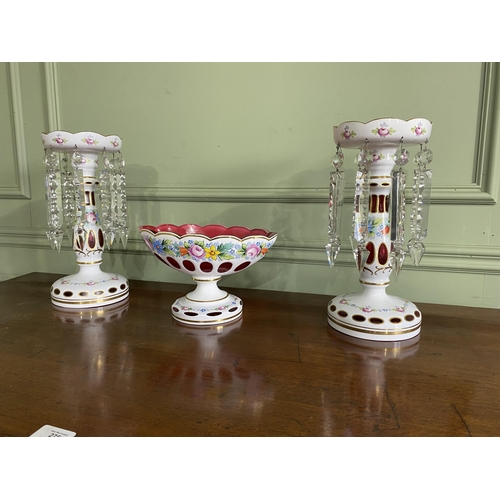 1345 - Pair of ceramic lustre candlesticks and matching ceramic centre piece {32 cm H x 16 cm Dia. AND 15 c... 