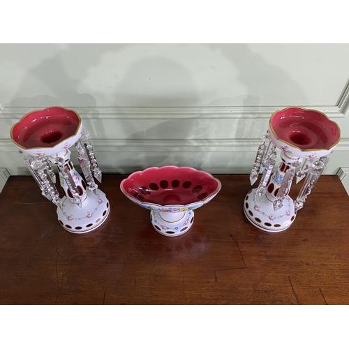 1345 - Pair of ceramic lustre candlesticks and matching ceramic centre piece {32 cm H x 16 cm Dia. AND 15 c... 