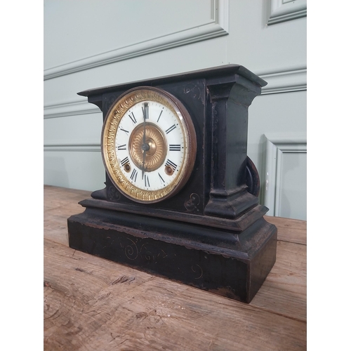 1346 - Edwardian ebonised metal mantle clock with enamel and brass dial {25 cm H x 29 cm W x 12 cm D}.