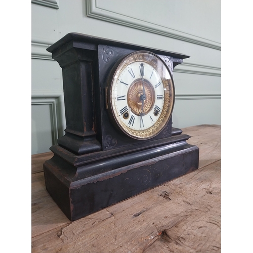 1346 - Edwardian ebonised metal mantle clock with enamel and brass dial {25 cm H x 29 cm W x 12 cm D}.