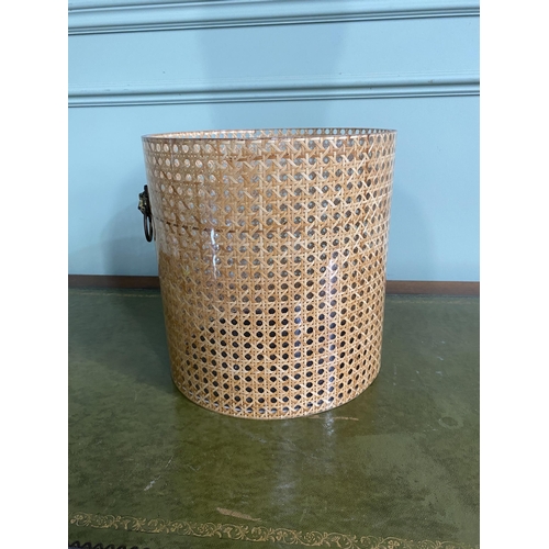 1350 - Mid-century Perspex and wicker waste paper bin with gilded brass lions mask handles {28 cm H x 31 cm... 