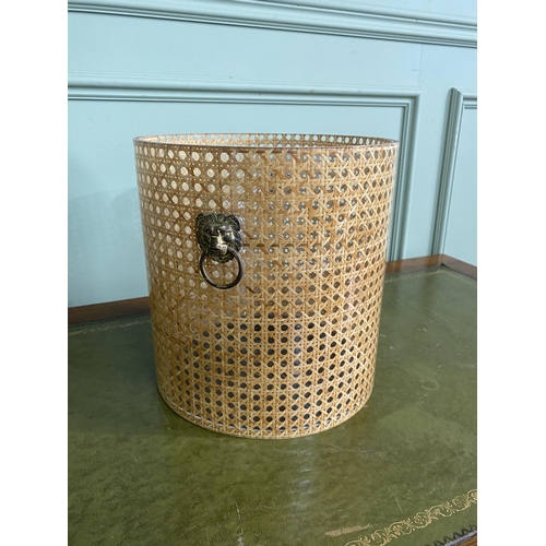 1350 - Mid-century Perspex and wicker waste paper bin with gilded brass lions mask handles {28 cm H x 31 cm... 