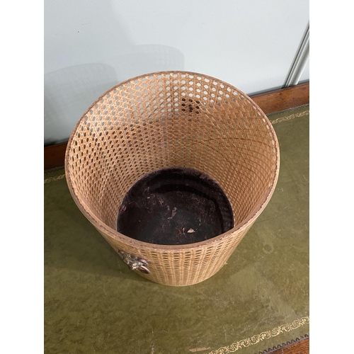 1350 - Mid-century Perspex and wicker waste paper bin with gilded brass lions mask handles {28 cm H x 31 cm... 