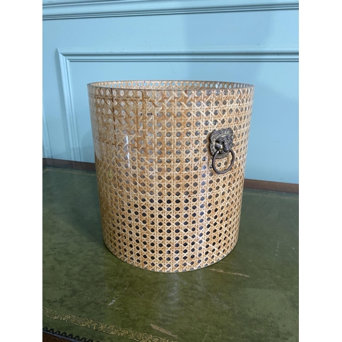 1350 - Mid-century Perspex and wicker waste paper bin with gilded brass lions mask handles {28 cm H x 31 cm... 