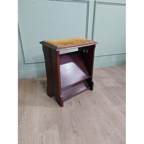 1351 - Art Nouveau mahogany stool with velvet upholstered seat {62 cm H x 54 cm W x 30 cm D}.