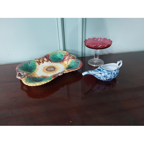 1353 - 19th C. hand painted ceramic dish, ruby glass bonbon dish and Oriental blue and white ceramic jug {2... 