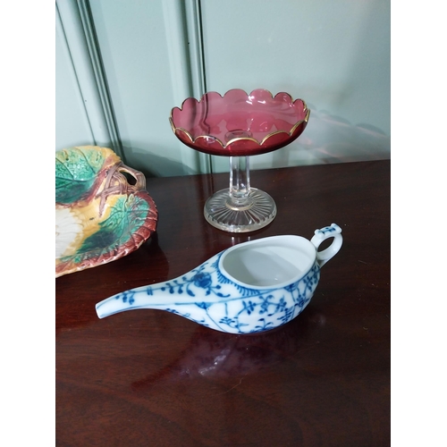 1353 - 19th C. hand painted ceramic dish, ruby glass bonbon dish and Oriental blue and white ceramic jug {2... 