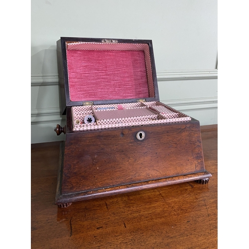 1354 - 19th C. mahogany sewing box with fitted interior {26 cm H x 34 cm W x 27 cm D}.