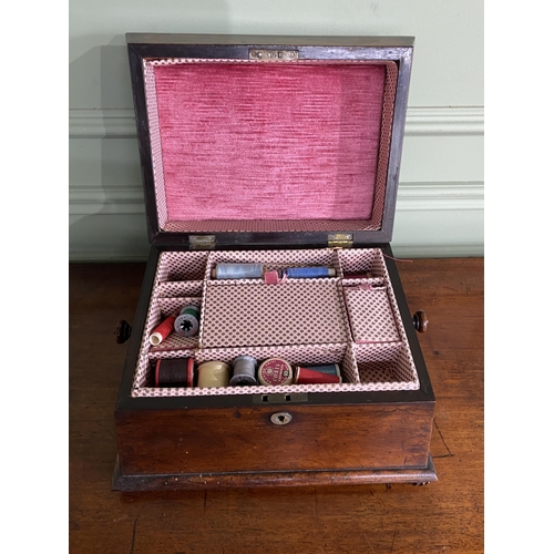 1354 - 19th C. mahogany sewing box with fitted interior {26 cm H x 34 cm W x 27 cm D}.