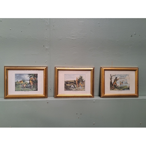 1357 - Set of three French Hunting coloured prints mounted in gilt frames  {H 22cm x W 28cm }. - NOT AVAILA... 