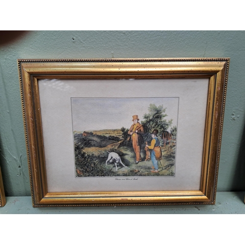 1357 - Set of three French Hunting coloured prints mounted in gilt frames  {H 22cm x W 28cm }. - NOT AVAILA... 