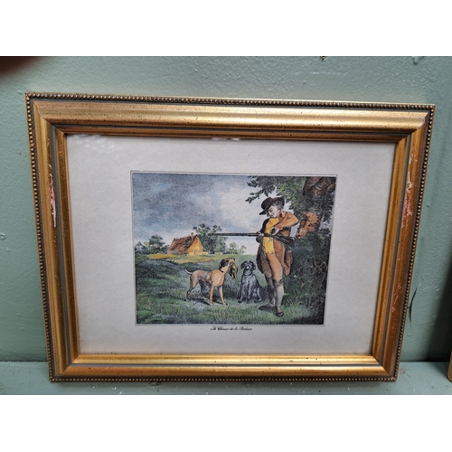 1357 - Set of three French Hunting coloured prints mounted in gilt frames  {H 22cm x W 28cm }. - NOT AVAILA... 