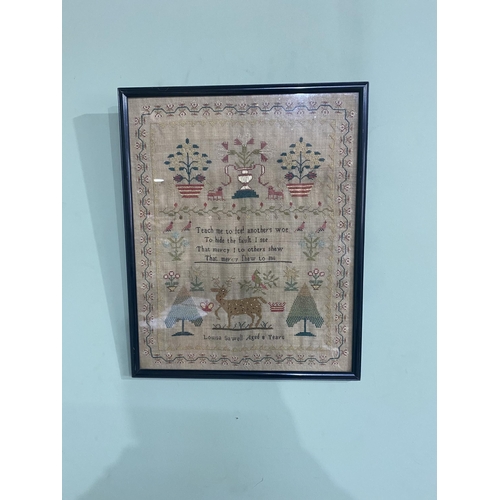 136 - 19th C. Louisa Sawell (aged 8 years) embroidered sample mounted in ebonised frame {41 cm H x 33 cm W... 