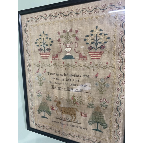 136 - 19th C. Louisa Sawell (aged 8 years) embroidered sample mounted in ebonised frame {41 cm H x 33 cm W... 