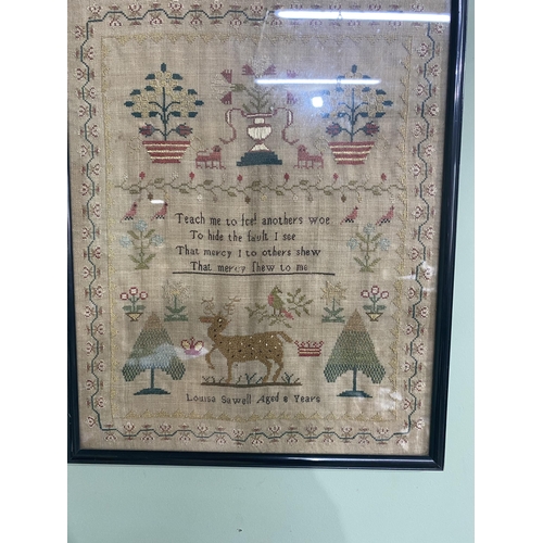 136 - 19th C. Louisa Sawell (aged 8 years) embroidered sample mounted in ebonised frame {41 cm H x 33 cm W... 