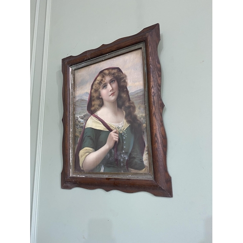 1367 - Early 20th C. Irish Colleen coloured print mounted in oak frame {67 cm H x 54 cm W}.