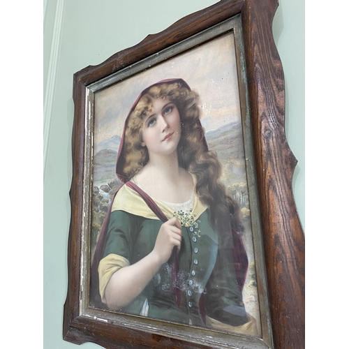 1367 - Early 20th C. Irish Colleen coloured print mounted in oak frame {67 cm H x 54 cm W}.