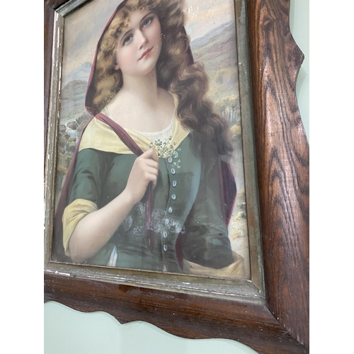 1367 - Early 20th C. Irish Colleen coloured print mounted in oak frame {67 cm H x 54 cm W}.