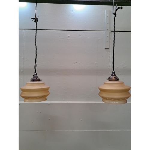 1374 - Pair of Art Deco bronze pendant hanging lights with frosted glass shades and gold trim  {H 60cm x Di... 