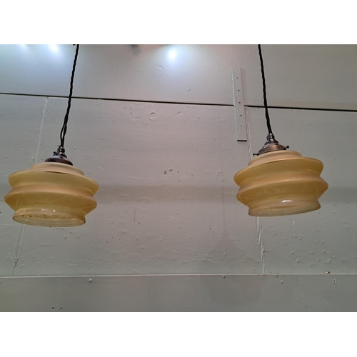 1374 - Pair of Art Deco bronze pendant hanging lights with frosted glass shades and gold trim  {H 60cm x Di... 