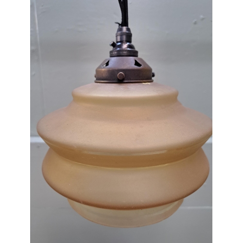 1374 - Pair of Art Deco bronze pendant hanging lights with frosted glass shades and gold trim  {H 60cm x Di... 