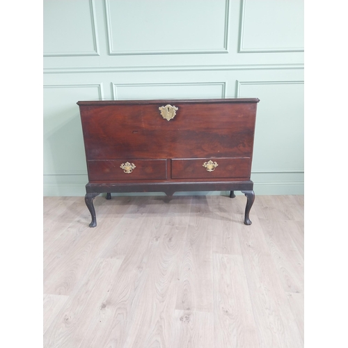 1385 - Irish Georgian mahogany linen chest with two short drawers and original brass fittings raised on sta... 