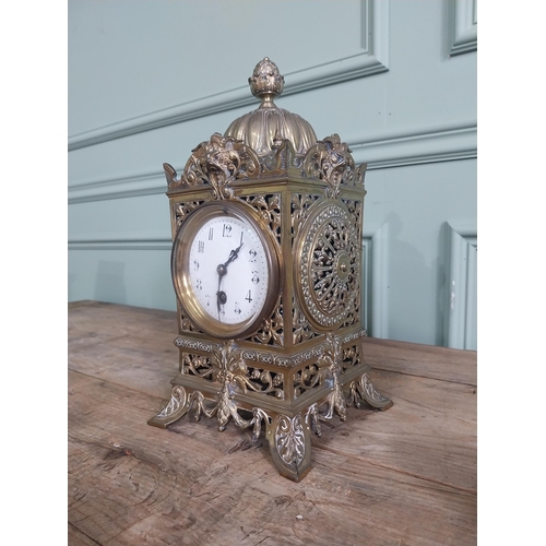 1386 - 19th C. decorative gilded brass mantle clock with enamel dial {32 cm H x 16 cm W x 16 cm D}.