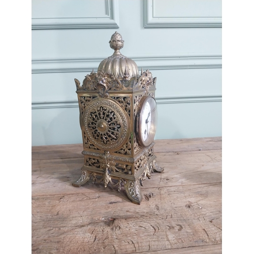 1386 - 19th C. decorative gilded brass mantle clock with enamel dial {32 cm H x 16 cm W x 16 cm D}.