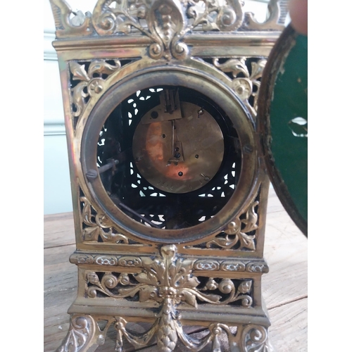 1386 - 19th C. decorative gilded brass mantle clock with enamel dial {32 cm H x 16 cm W x 16 cm D}.