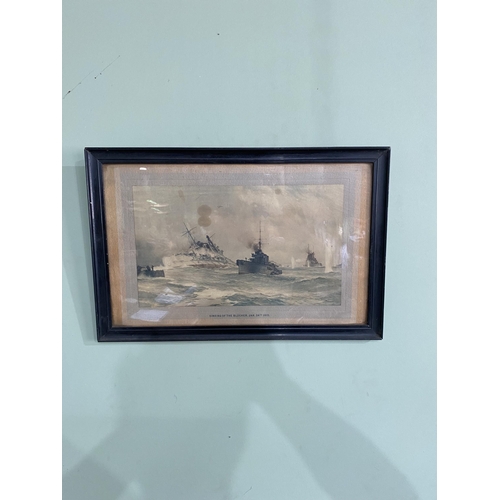 1387 - Early 20th C. The Sinking of the Blucher coloured print mounted in ebonised frame {33 cm H x 49 cm W... 