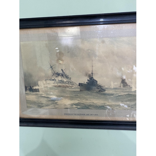 1387 - Early 20th C. The Sinking of the Blucher coloured print mounted in ebonised frame {33 cm H x 49 cm W... 