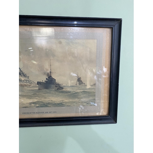 1387 - Early 20th C. The Sinking of the Blucher coloured print mounted in ebonised frame {33 cm H x 49 cm W... 