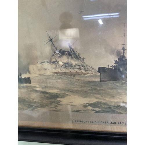 1387 - Early 20th C. The Sinking of the Blucher coloured print mounted in ebonised frame {33 cm H x 49 cm W... 