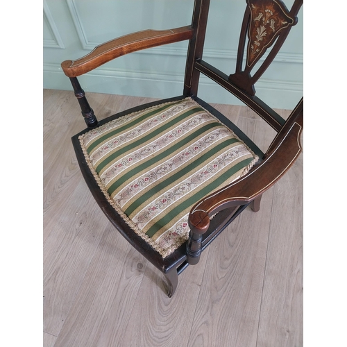 1388 - Edwardian mahogany and bone inlaid Ladies open armchair with upholstered seat {80 cm H x 51 cm W x 5... 