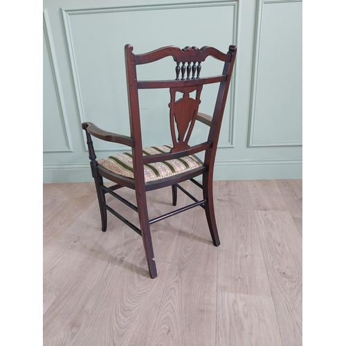 1388 - Edwardian mahogany and bone inlaid Ladies open armchair with upholstered seat {80 cm H x 51 cm W x 5... 