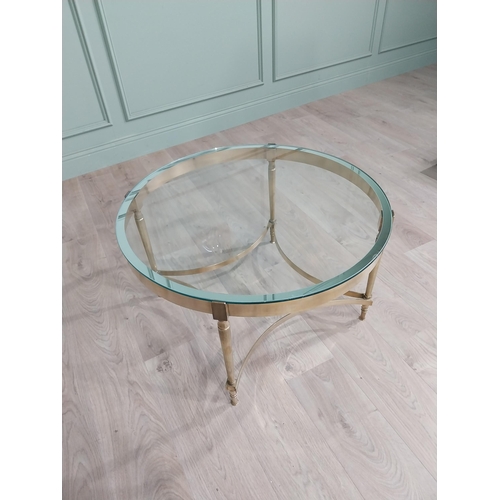 139 - Good quality Edwardian French brass coffee table with inset glass and mirrored top raised on reeded ... 