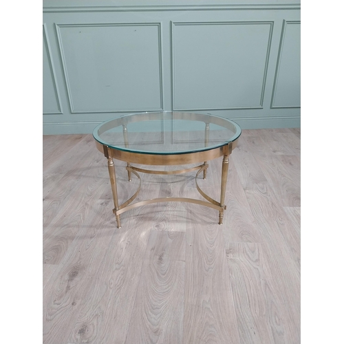 139 - Good quality Edwardian French brass coffee table with inset glass and mirrored top raised on reeded ... 