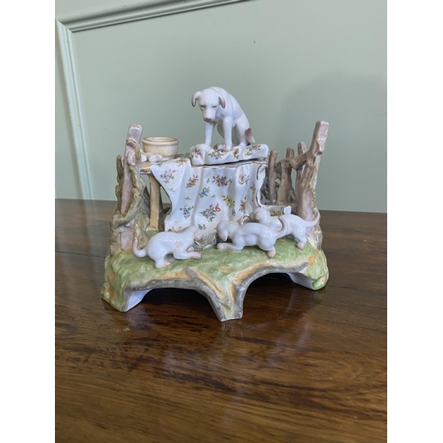 1409 - Decorative French hand painted ceramic ink well decorated with Dog and pups {18 cm H x 22 cm W x 18 ... 