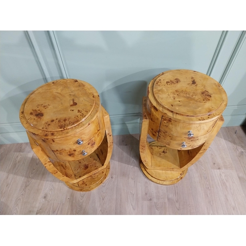 141 - Pair of Birdseye maple bedside cabinets in the Art Deco {77 cm H x 46 cm W x 43 cm D}.