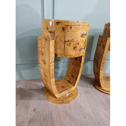 141 - Pair of Birdseye maple bedside cabinets in the Art Deco {77 cm H x 46 cm W x 43 cm D}.