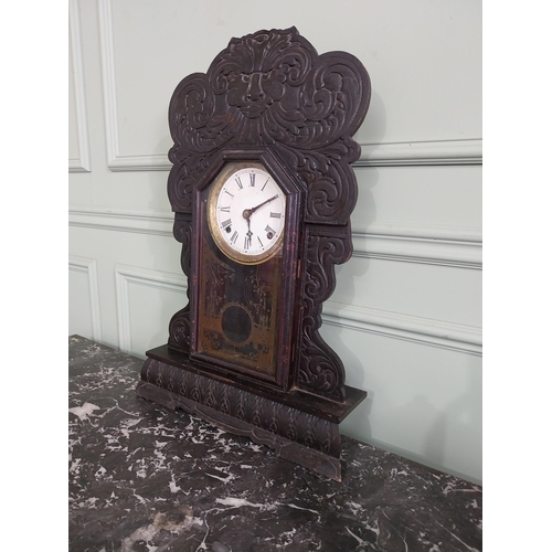 1410 - 19th C. carved pine and ebonised ginger bread clock with enamel dial {61 cm H x 41 cm W x 11 cm D}.