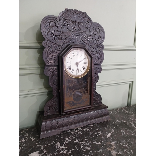 1410 - 19th C. carved pine and ebonised ginger bread clock with enamel dial {61 cm H x 41 cm W x 11 cm D}.