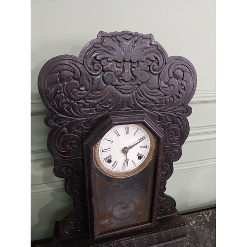 1410 - 19th C. carved pine and ebonised ginger bread clock with enamel dial {61 cm H x 41 cm W x 11 cm D}.