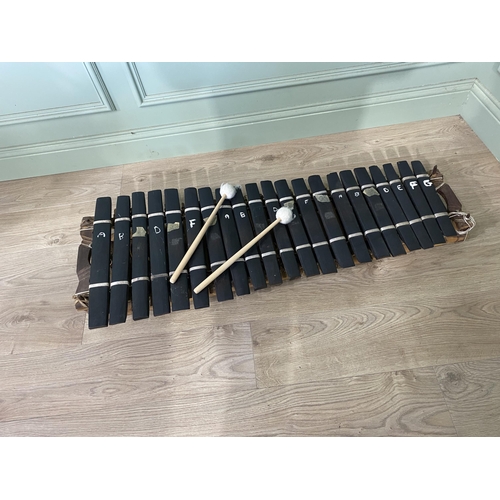 149 - Unusual floor xylophone with drum sticks and case {18 cm H x 120 cm W x 47 cm D}.