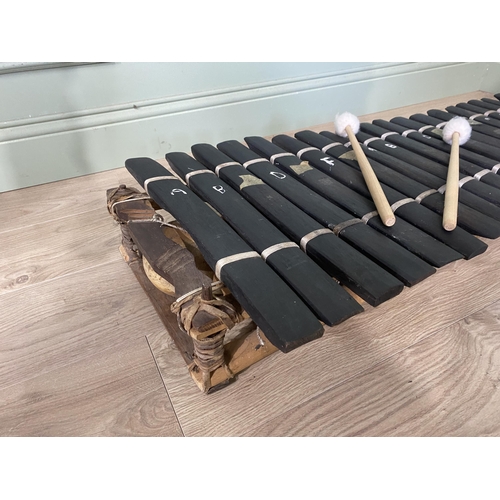 149 - Unusual floor xylophone with drum sticks and case {18 cm H x 120 cm W x 47 cm D}.